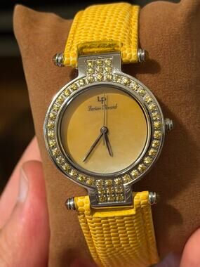P Lucien Piccard Swiss Yellow Crystal Bezel Mother of Pearl Dial Ladies Watch